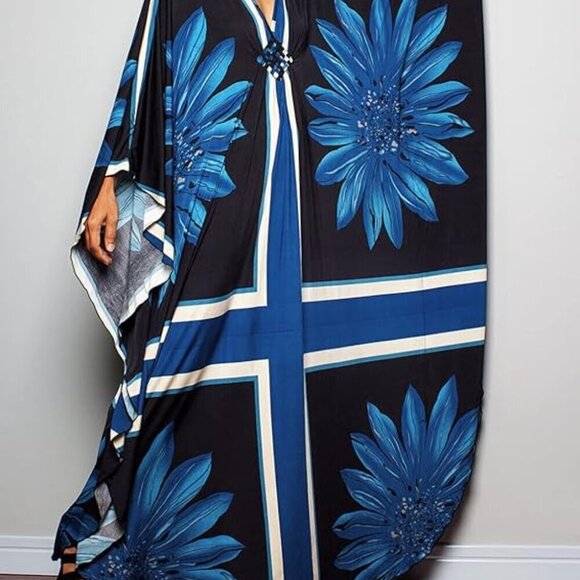 Blue Floral Print Lounge Kaftan Maxi Dress - Picture 11 of 11